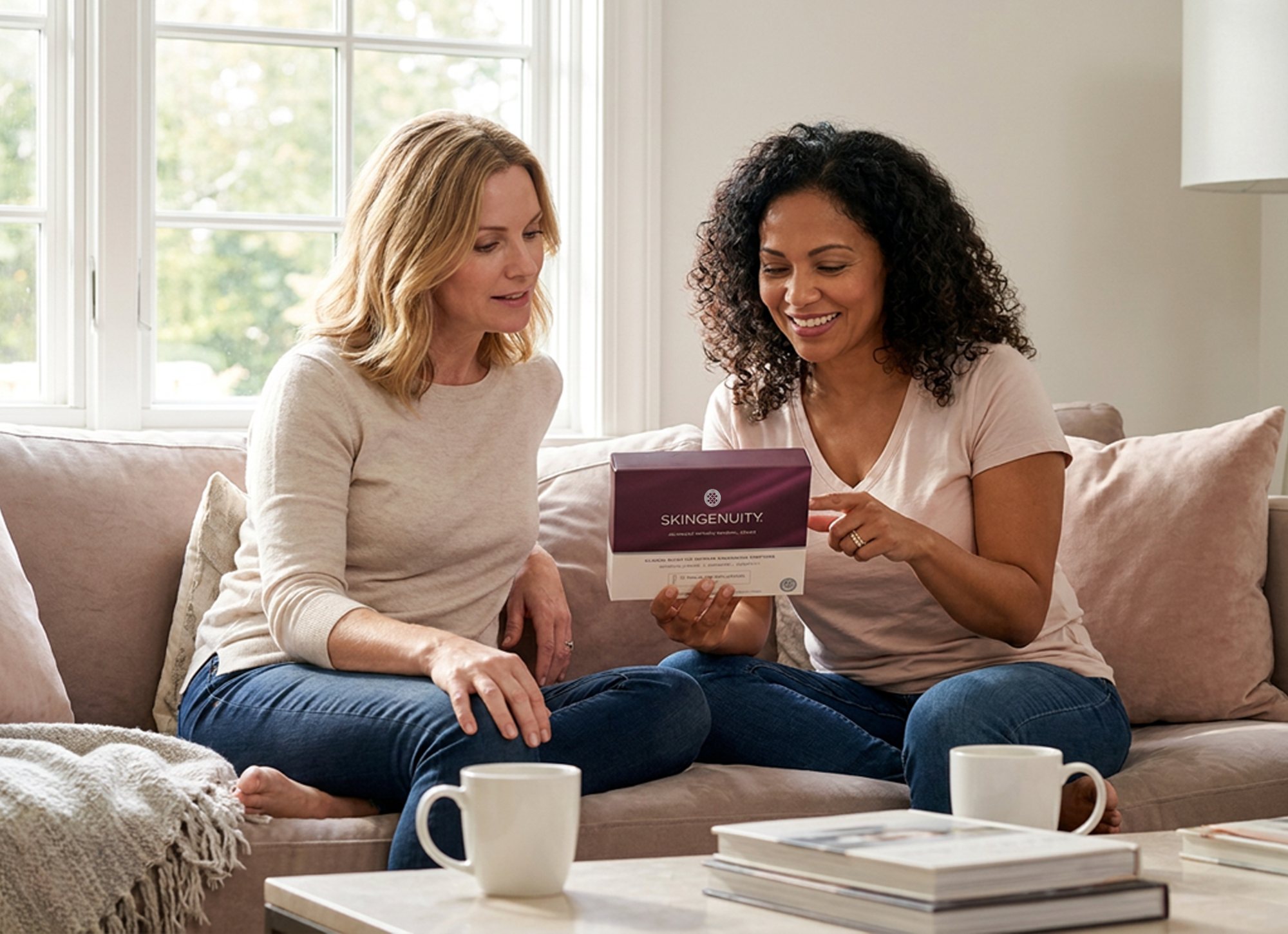 Two women sitting together on a sofa, looking at an AIRS box