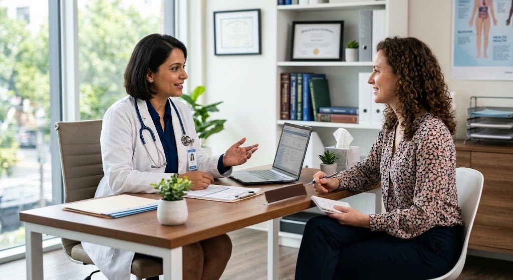Female doctor talking with a woman patient about vaginal dryness in her office